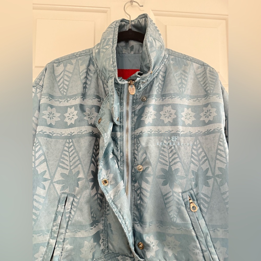 Vintage 90s Belfe & Belfe Popover Snowflake winter blue silky puffy Ski Jacket - Picture 2 of 13